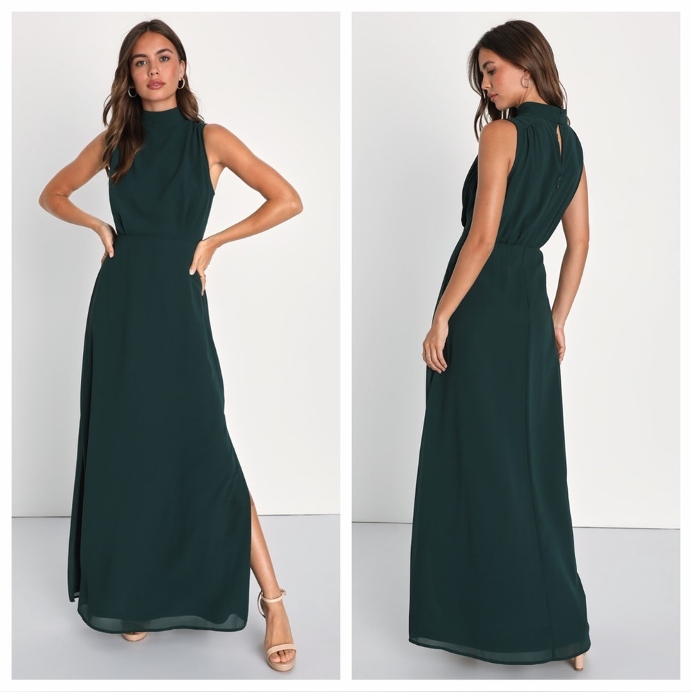 Lulus Classic Elegance Emerald Chiffon Sleeveless Mock Neck
Maxi Dress